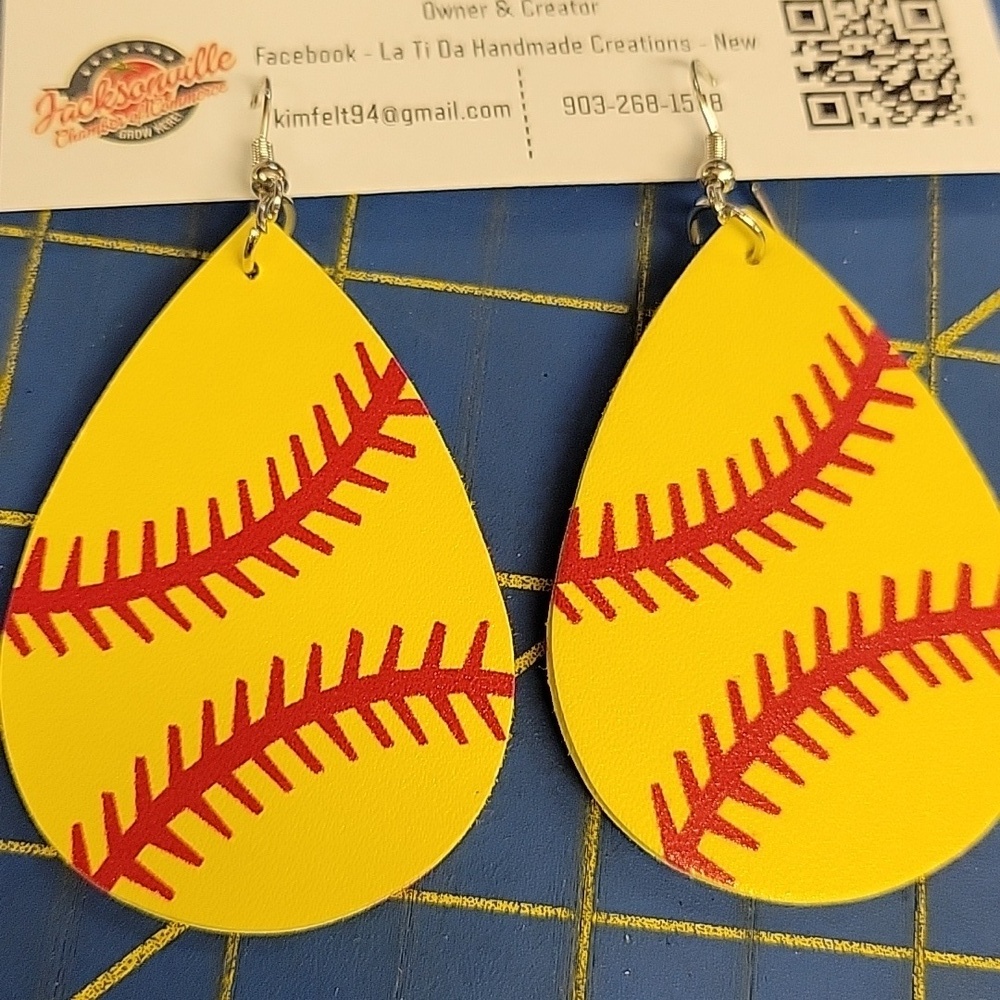 Softball Yellow Red Tear Drop Pleather Earrings